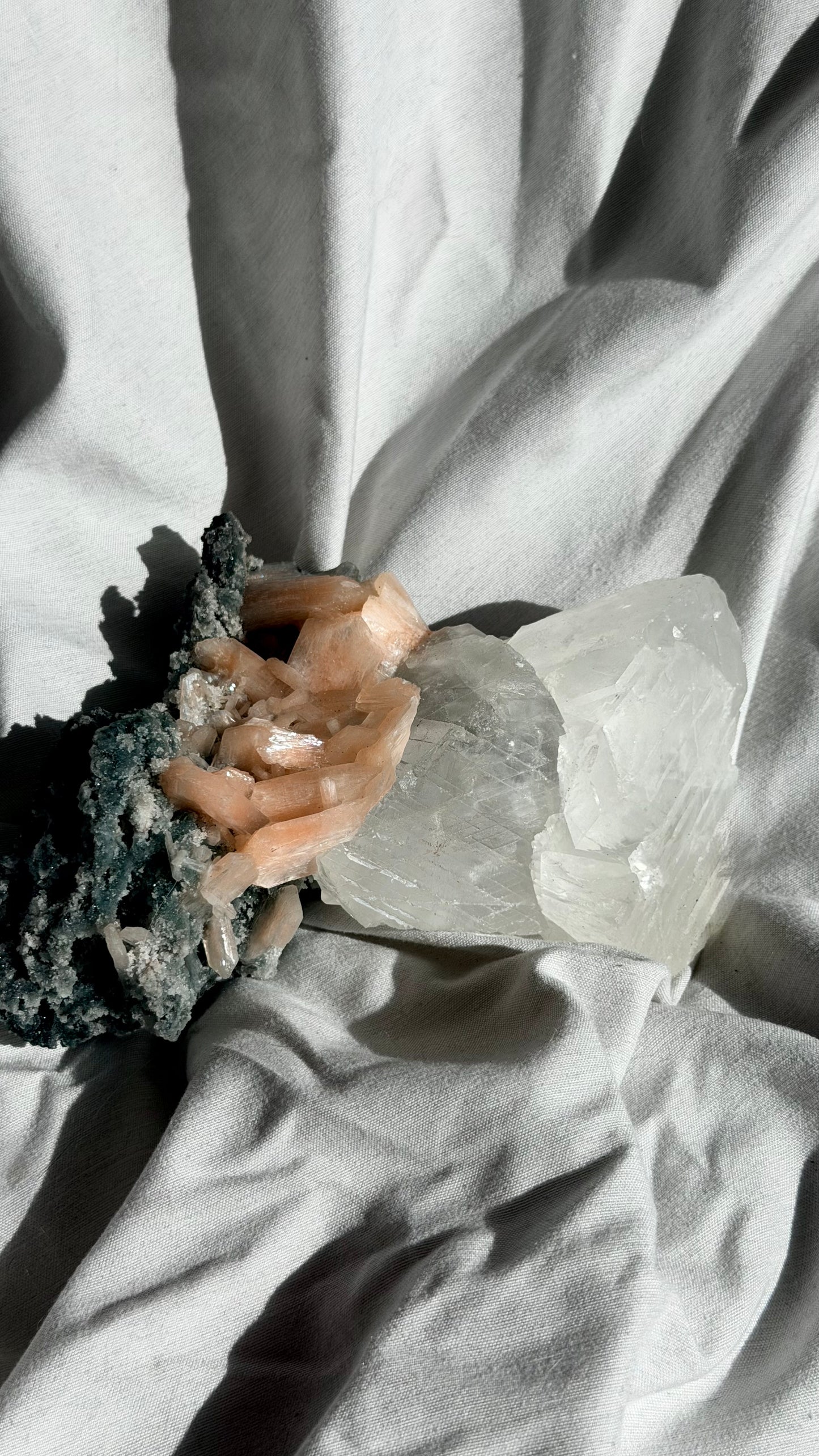Optical Calcite, Stilbite, Green Chalcedony