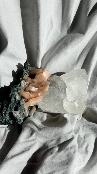 Optical Calcite, Stilbite, Green Chalcedony