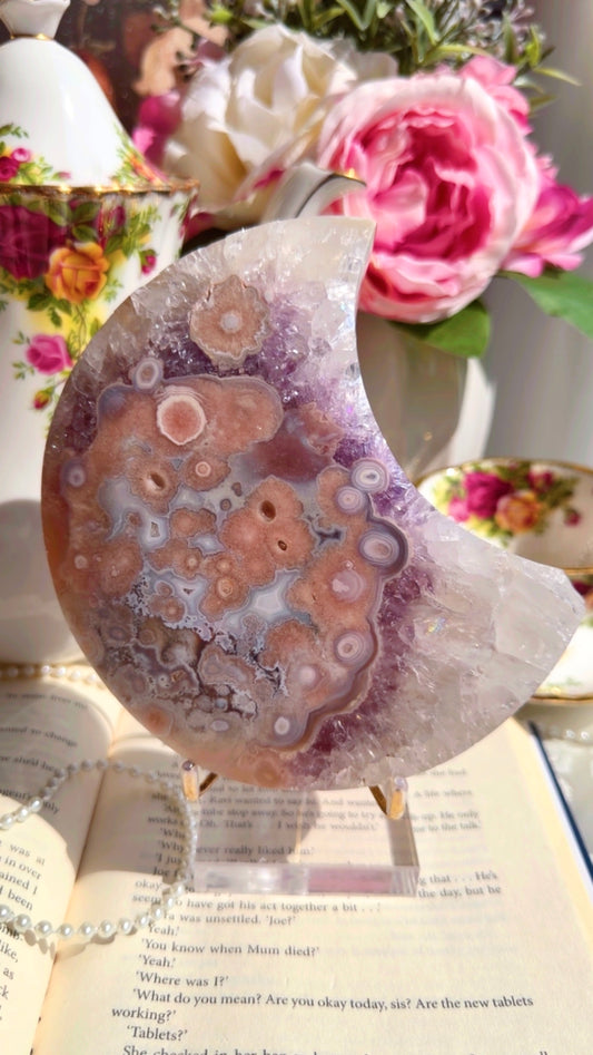Flower Agate Moon on stand
