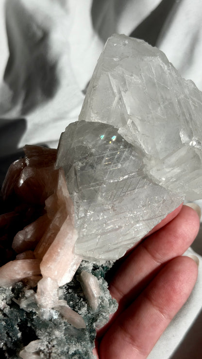 Optical Calcite, Stilbite, Green Chalcedony
