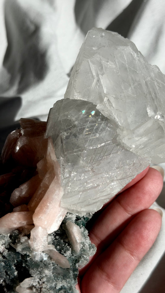 Optical Calcite, Stilbite, Green Chalcedony