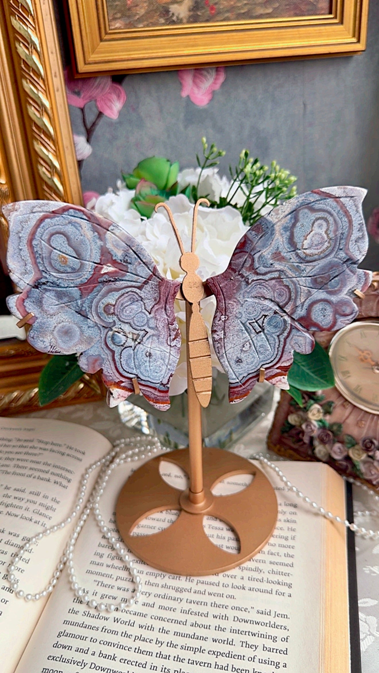 Pink Blue Lace Agate Wings on stand