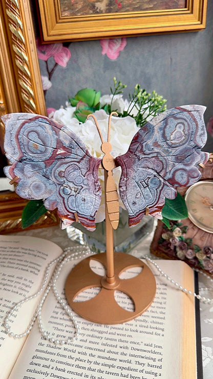 Pink Blue Lace Agate Wings on stand