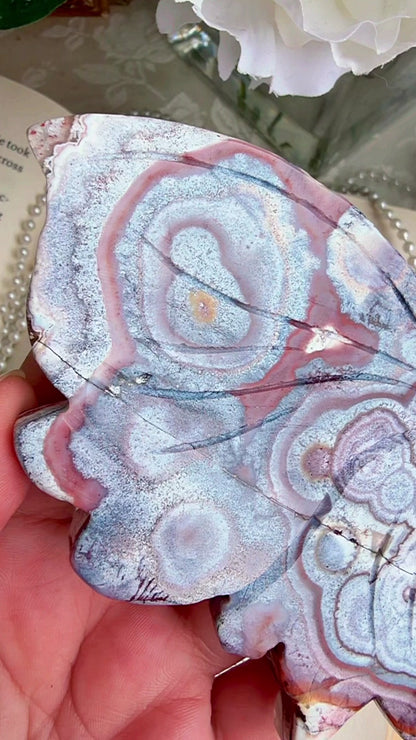 Pink Blue Lace Agate Wings on stand
