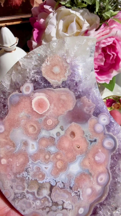 Flower Agate Moon on stand
